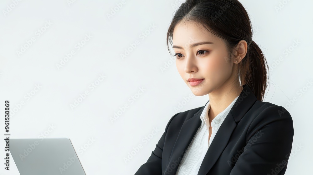 Asian office girl typing on a laptop with a pure white background, professional business attire, calm expression, clean modern aesthetic, minimalism Asian office girl typing on a laptop with a pure white background, professional business attire, calm expression, clean modern aesthetic, minimalism