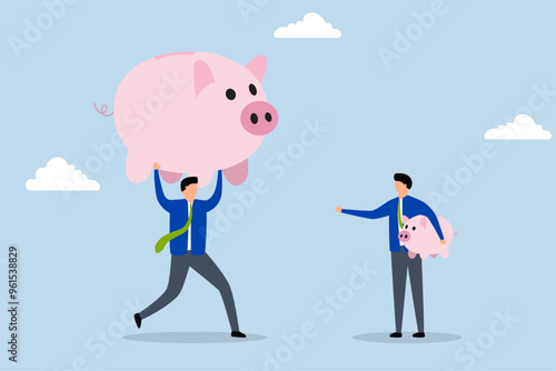 income comparison, Businessman holds a small piggy bank while gazing at a larger pension fund.