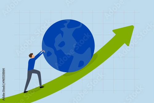 Pushing world economic forward, The businessman leader is exerting maximum effort to push the world up the rising graph.