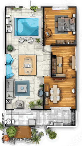 Modern house floor plan with detailed furniture layout and room arrangement