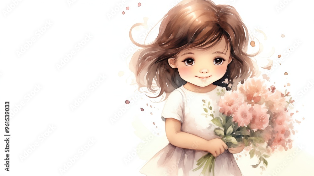 Watercolor illustration with a girl with a bouquet of flowers,Greeting card. Isolated child on white background Watercolor illustration with a girl with a bouquet of flowers,Greeting card. Isolated child on white background