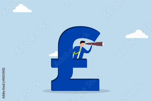 United Kingdom economy forecast, Businessman concealing himself behind a large British pound bill while using binoculars to foresee the future.