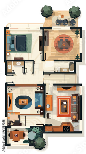 Modern house floor plan with detailed furniture layout and room arrangement