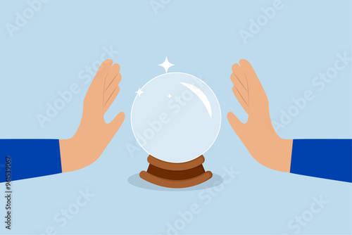 Business forecast, A businessman's hand with mystical abilities gazes into a crystal ball for future predictions.