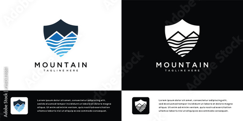 Mountain logo icon design illustration with shield. Abstract outdoor mountain logo symbol.	
