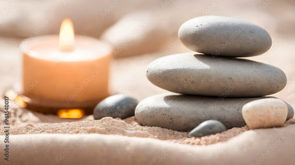 Fototapeta premium zen stones and burning candle on the sand, spa and relaxation concept