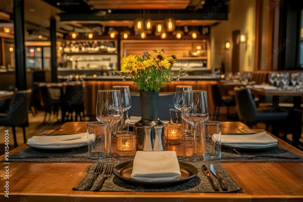 A beautifully set table in an upscale restaurant, with soft, warm lighting A beautifully set table in an upscale restaurant, with soft, warm lighting