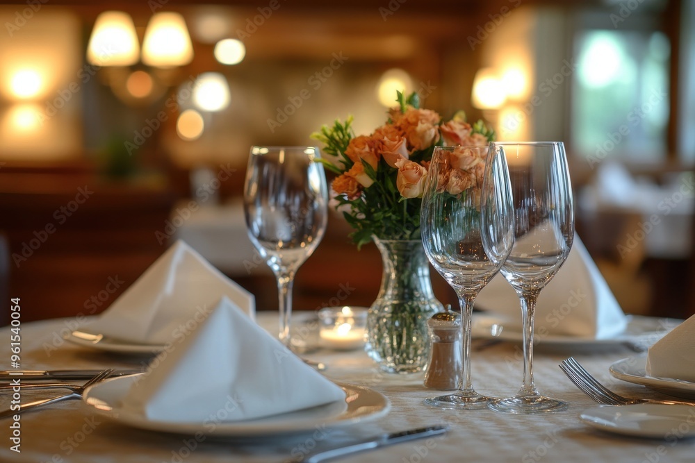 A beautifully set table in an upscale restaurant, with soft, warm lighting A beautifully set table in an upscale restaurant, with soft, warm lighting