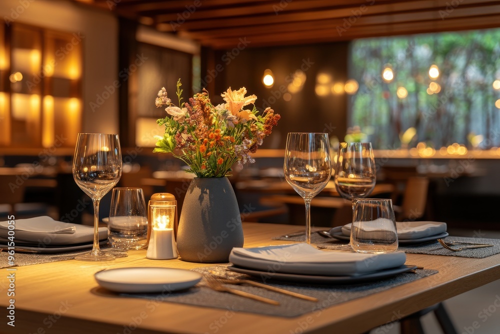 A beautifully set table in an upscale restaurant, with soft, warm lighting A beautifully set table in an upscale restaurant, with soft, warm lighting