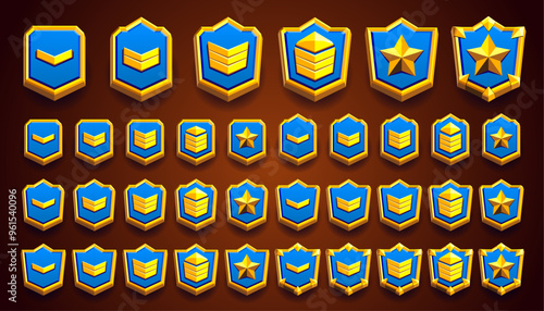 Gold rank badge set. Golden flat illustration of shield emblem decorated with stars and military patent. Different shapes. Flat, metallic effect. Clash royale style.