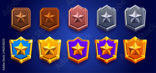 Colorful realistic rank badge level set. Realistic vector illustration of emblem decorated with stars and spikes.Player evolution. Blue, purple, brown golden, silvered, bronze, woody, wood. Perfect fo