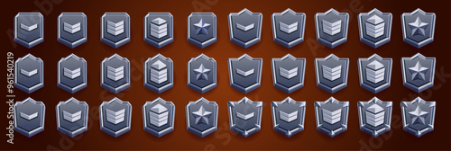 Realistic silver set of game rank badge. Vector illustration of hexagonal silvered emblems decorated with stars and spikes. Badge of achievement, award for victory, level emblem.