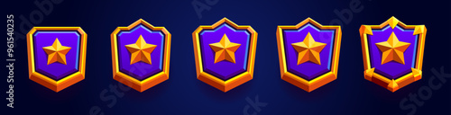 Flat golden set of game rank badge. Vector illustration of golden emblem decorated with stars and spikes. Badge of level game for victory, level emblem.