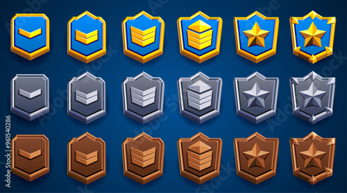 Clash royale rank level badge set. Illustration of shield emblem decorated with stars. Different shapes. Blue, woody, brown, golden, silvered, bronze, wood. Achievements award.