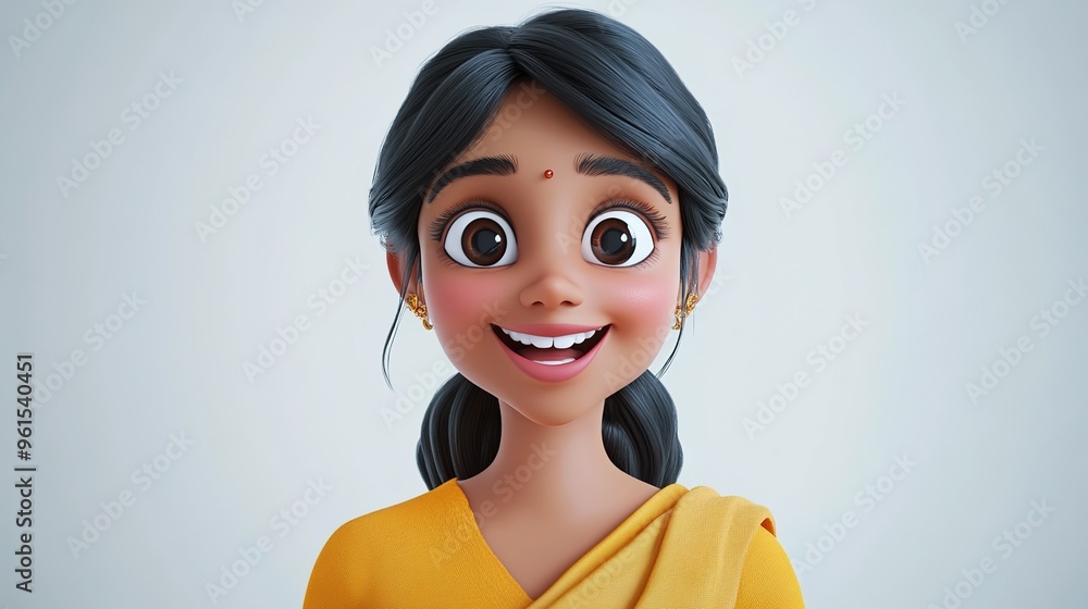 A cheerful, smiling Indian cartoon character portraying a young adult woman in a 3D style, set against a light background. A cheerful, smiling Indian cartoon character portraying a young adult woman in a 3D style, set against a light background.