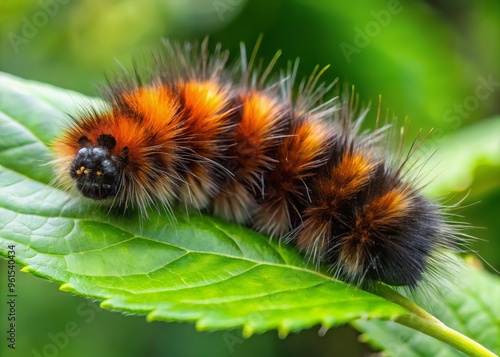 A soft, rounded caterpillar with black and brown fuzzy fur curls up on a vibrant green leaf, its tiny legs tucked in for protection.