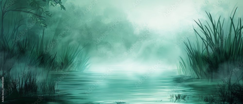 A painting of a tranquil body of water with reeds in the foreground and a misty, fog-filled sky in the background A painting of a tranquil body of water with reeds in the foreground and a misty, fog-filled sky in the background
