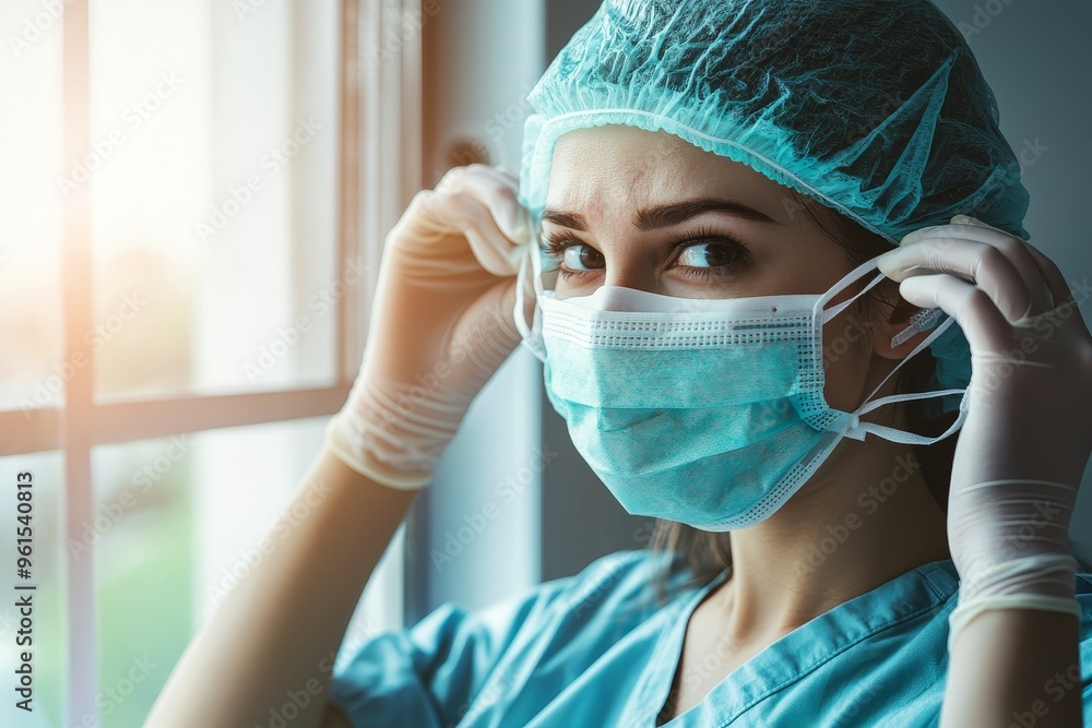 Female nurse in uniform putting on medical mask before heading to work during Coronavirus epidemic and looking away from camera Female nurse in uniform putting on medical mask before heading to work during Coronavirus epidemic and looking away from camera
