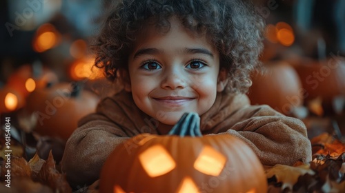 heartwarming halloween scene with diverse group of children in creative costumes jackolanterns glowing autumn leaves swirling warm light from decorated houses photo