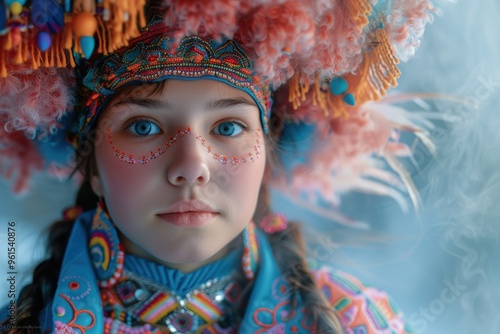 Enchanting storyteller in traditional Russian attire shares ancient folk tales in winter photo