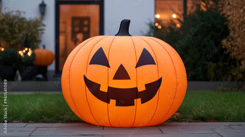 Obraz premium Large inflatable pumpkin with a mischievous grin displayed outside a festive Halloween shop entrance at dusk with glowing orange lights and spooky decor 