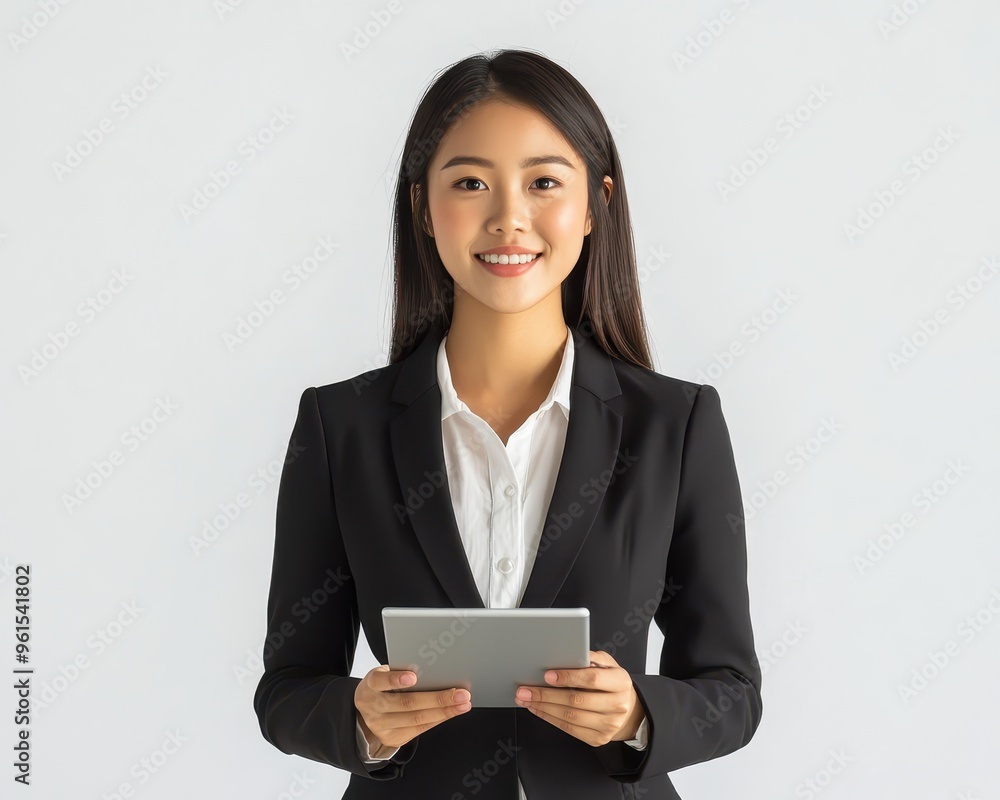 Asian woman standing with a digital tablet, pure white background, professional attire, techsavvy office look Asian woman standing with a digital tablet, pure white background, professional attire, techsavvy office look