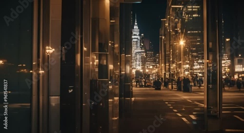 Reflection of a city skyline in a shop window at night.
