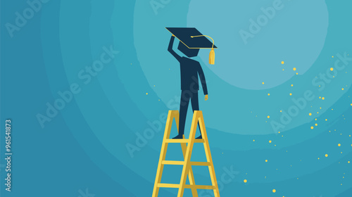 Student with Short Ladder Struggling to Reach Graduation Hat, Symbolizing Education Cost