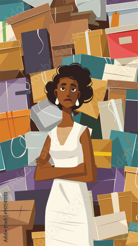 Shopaholism Addiction: African American Woman Overwhelmed by Shopping Boxes