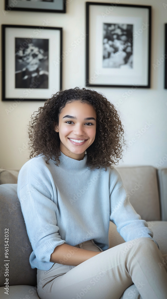 Portrait of a Smiling Young Woman in a Modern Living Room Portrait of a Smiling Young Woman in a Modern Living Room