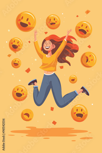 Optimistic Woman Leaping from Negative to Positive Emoji, Embracing Motivation and Productivity