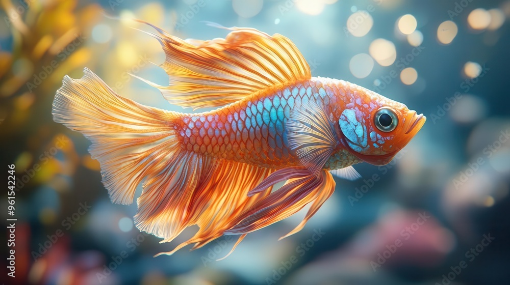 hyperrealistic 3d rendering of an exotic fish in motion vibrant scales shimmer with iridescent colors fins flared dramatically as it swims through crystalclear water hyperrealistic 3d rendering of an exotic fish in motion vibrant scales shimmer with iridescent colors fins flared dramatically as it swims through crystalclear water