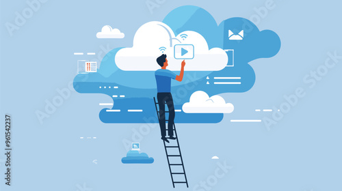 User Standing on Ladder Searching for Internet Connection, Frustrated by Wifi Unavailability and Hotspot Error