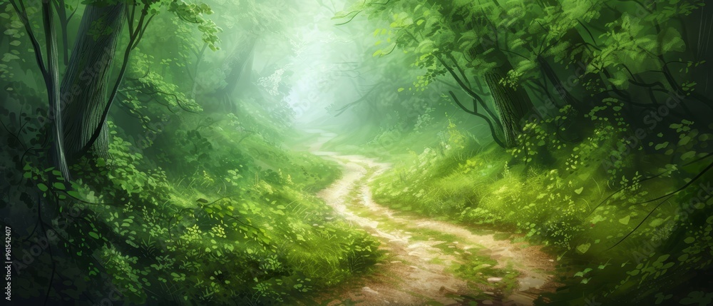 Fototapeta premium A path, painted through a verdant forest, flanked by trees and foliage on both sides