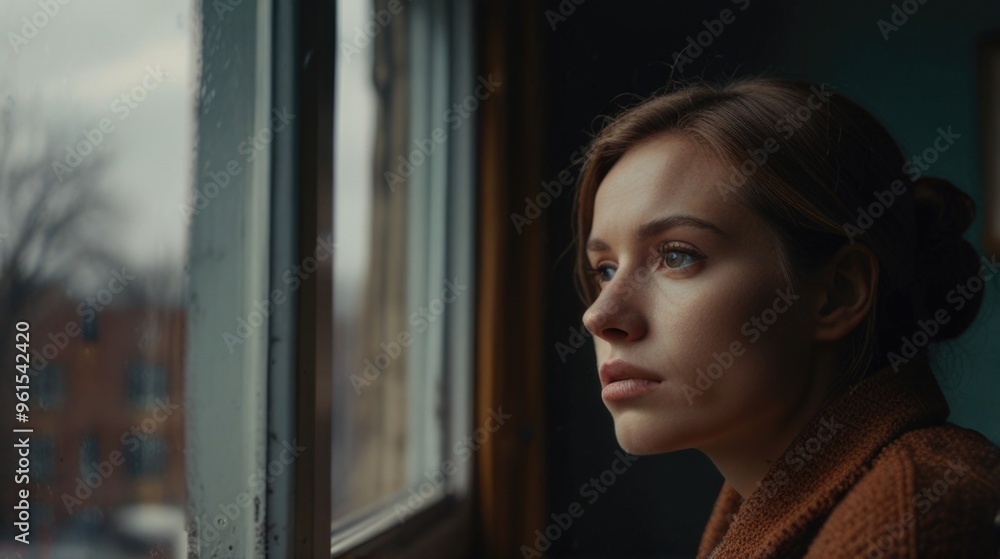 Sad woman is looking out of a window at home Sad woman is looking out of a window at home