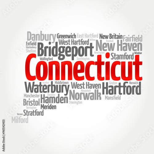 Connecticut is a U.S. state in southern New England that has a mix of coastal cities and rural areas dotted with small towns, word cloud concept background