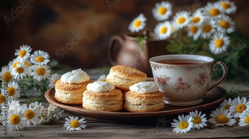 Wallpaper Mural idyllic garden tea party scene with vintage china teacups fresh scones and clotted cream delicate daisies scattered on a rustic wooden table add a charming touch Torontodigital.ca