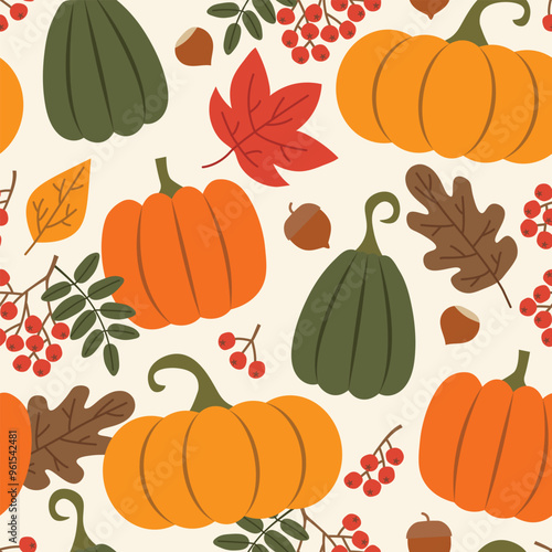 seamless pattern with pumpkins, rowan, acorns, nuts and leaves; autumn background - vector illustration