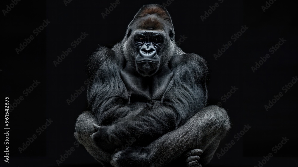 Wild animals doing human-like poses, a gorilla sitting with its arms crossed Wild animals doing human-like poses, a gorilla sitting with its arms crossed