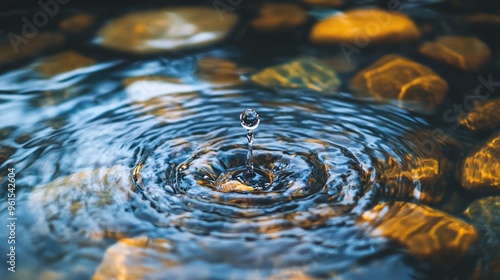 Close-up of a streaming water body with rocks in the background and a droplet forming at its source photo