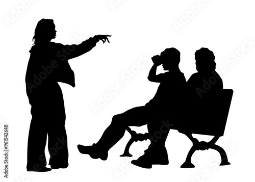 Resting people sitting on a park bench. Isolated silhouettes on a white background