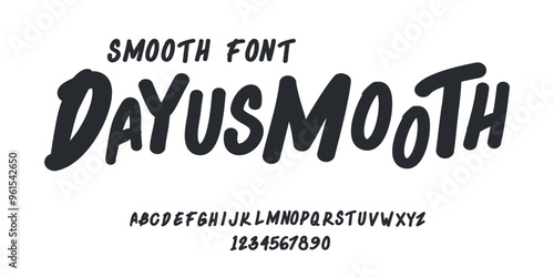 DAYUSMOOTH is uneven, unexpected, playful font. Vector bold font for headings, flyer, greeting cards, product packaging, book cover, printed quotes, logotype, apparel design, album covers, etc.