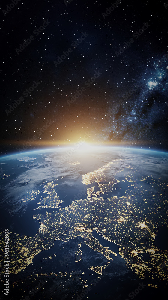 Stunning View of Earth from Space with Sunrise and City Lights Illuminating the Planet Stunning View of Earth from Space with Sunrise and City Lights Illuminating the Planet