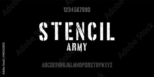 Stencil font with spray paint texture with mis-printed overspray. Highly detailed vector textures taken from high res scans. Compound path and optimised. Original design font