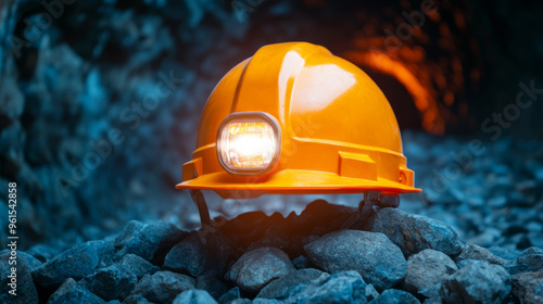 Miner’s helmet with a headlamp resting on jagged rocks in a dark tunnel, symbolizing hard labor and resilience  photo