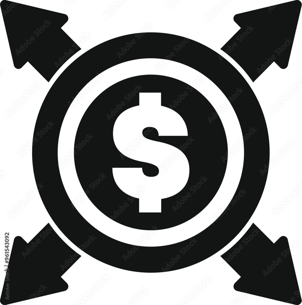 This simple icon represents the concept of money flow, with arrows pointing towards and away from a central dollar coin This simple icon represents the concept of money flow, with arrows pointing towards and away from a central dollar coin
