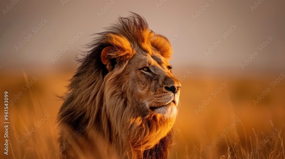 Naklejka premium A lion with a mane blowing in the wind, looking regal