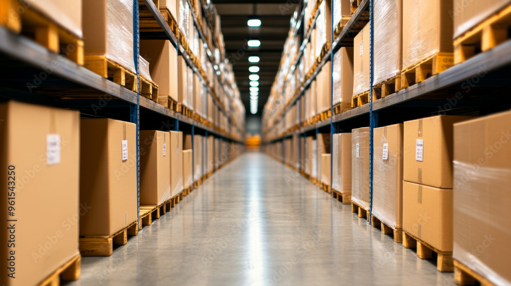 Neatly labeled bins and boxes in a warehouse organized shelves clear pathways optimal workflow efficient storage solution Neatly labeled bins and boxes in a warehouse organized shelves clear pathways optimal workflow efficient storage solution