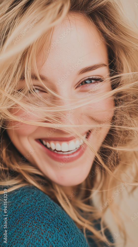 Joyful Woman with Windswept Hair and Radiant Smile in Natural Light Joyful Woman with Windswept Hair and Radiant Smile in Natural Light