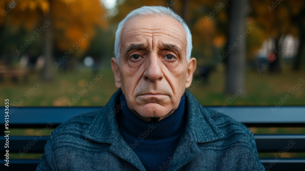 Older man with a blank expression and sagging cheeks sitting on a park bench looking down at the ground Older man with a blank expression and sagging cheeks sitting on a park bench looking down at the ground